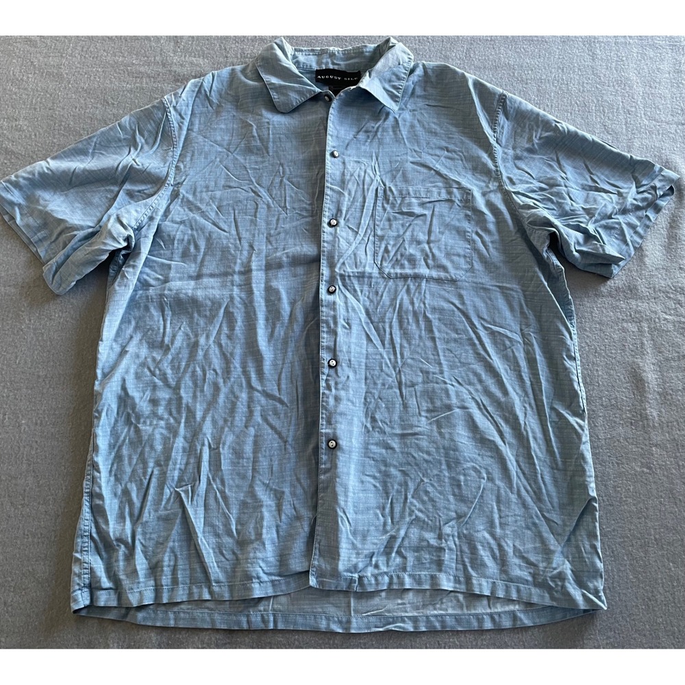 August Silk‎ Mens Blue 100% Silk Short Sleeve Button Down Shirt Large Textured